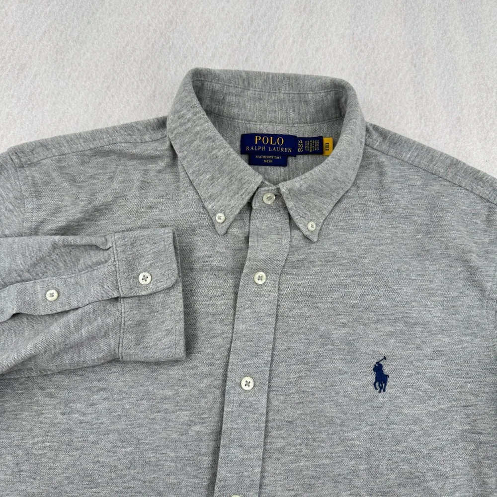 Polo Ralph Lauren Mens XL Featherweight Mesh Button Down Gray Long Sleeve Casual